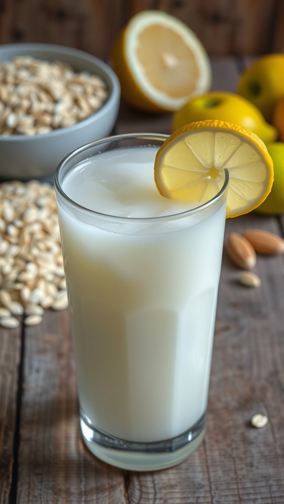 A glass of oat water with lemon, surrounded by oats and fruits on a wooden table.